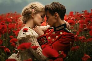 AI generated Beautiful young couple of soldiers in the field of poppies, A couple in a poppy field, lost in each other's gaze, AI Generated photo