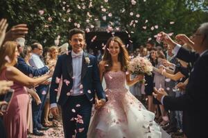 ai generado Boda Pareja bailando y saltando en el parque en su Boda día, un Pareja dejando su Boda ceremonia duchado con flor pétalos, ai generado foto