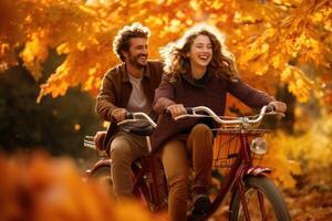 ai generado contento joven Pareja montando un bicicleta en el otoño parque. amor concepto, un Pareja en un tándem bicicleta paso mediante vistoso otoño follaje, ai generado foto