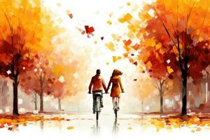 AI generated Couple in love riding bicycle in autumn park. Digital watercolor painting, A couple on a tandem bicycle passing through colorful autumn foliage, AI Generated photo