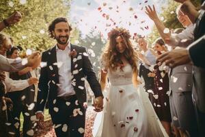 ai generado Boda Pareja bailando con papel picado a el Boda ceremonia, un Pareja dejando su Boda ceremonia duchado con flor pétalos, ai generado foto