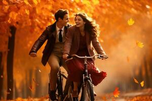 ai generado joven Pareja montando bicicleta en otoño parque. amor y relación concepto, un Pareja en un tándem bicicleta paso mediante vistoso otoño follaje, ai generado foto