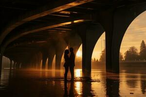 ai generado silueta de hombre y mujer en el puente a atardecer, un de pareja reflexión en el agua superficie debajo un puente a dorado hora, ai generado foto