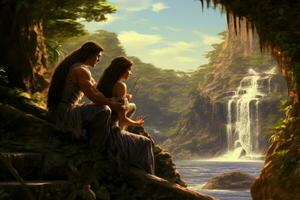 AI generated 3D rendering of a caveman and his wife in front of a waterfall, A couple gazing at each other with affection near a secluded waterfall, AI Generated photo