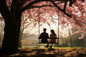 AI generated Couple sitting on a swing with pink cherry blossoms in the background, A couple sitting on a swing under a cherry blossom tree during full bloom, AI Generated photo