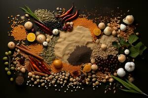 AI generated Healthy food ingredients and spices for cooking on black background, top view, A collage made of various organic grains and legumes, AI Generated photo