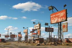 AI generated Abandoned oil and gas station in the Mojave Desert, A contrasting scene showing urban billboards and rural signposts, AI Generated photo