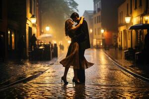 ai generado joven Pareja en amor besos y abrazando debajo el lluvia en París, Francia, un Pareja bailando en el lluvia en un guijarro plaza, ai generado foto
