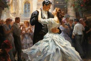 AI generated Wedding couple in love dancing in the interior of the castle, A couple enveloped in a romantic dance amidst a crowd, AI Generated photo