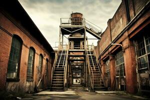 ai generado abandonado industrial edificio con hierro escalera y oxidado Chimenea, un contraste de industrial y Clásico arquitectura, ai generado foto