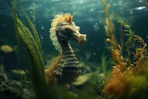 AI generated Hippocampus seahorse in the aquarium. Marine life, A close-up of a seahorse navigating through underwater vegetation, AI Generated photo