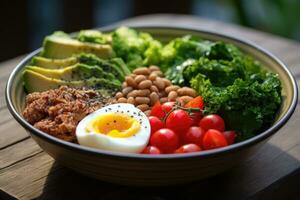 AI generated Healthy salad bowl with grilled chicken breast, avocado, tomatoes, arugula and lettuce, A close-up image of a healthy, protein-rich meal, AI Generated photo