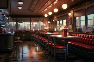 AI generated Interior of a cafe with red chairs and tables. 3d rendering, A classic diner scene with vintage elements, AI Generated photo