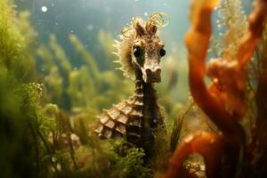 AI generated Seahorse in the aquarium. Underwater world. Underwater world, A close-up of a seahorse navigating through underwater vegetation, AI Generated photo