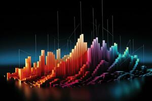 ai generado 3d ilustración de vistoso sonido ola en oscuro antecedentes. música concepto, un vistoso 3d línea grafico indicando un subir en valores mercado, ai generado foto