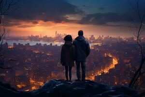 AI generated Silhouette of couple standing on the edge of a cliff looking at the city, A couple admiring the city skyline from a hilltop, wrapped in each other's warmth, AI Generated photo