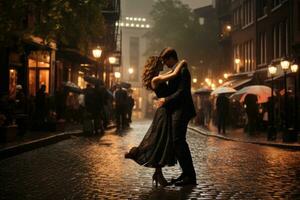 ai generado joven Pareja en amor caminando en el calle a noche en el lluvia, un Pareja bailando en el lluvia en un guijarro plaza, ai generado foto