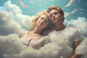 AI generated Beautiful young couple in love dreaming about flying in the sky with clouds, A couple dreaming together, depicted as floating on clouds, AI Generated photo