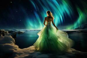 ai generado joven mujer en blanco vestir en contra noche cielo con Aurora boreal, un Pareja abrazando debajo el hermosa monitor de del Norte luces, ai generado foto