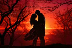 AI generated Silhouette of a loving couple on a background of a sunset, A couple embracing in front of a vibrant Valentine's Day sunset, AI Generated photo