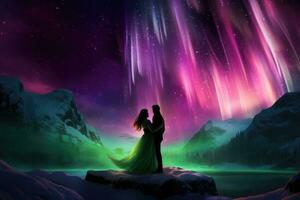 AI generated Man and woman in a snowy landscape with aurora borealis, A couple embracing under the beautiful display of northern lights, AI Generated photo
