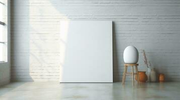 AI generated White canvas for mockup with blurred brick wall room interior photo