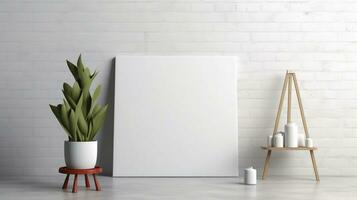 AI generated White canvas for mockup with blurred brick wall room interior photo