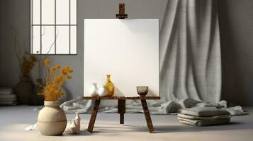 AI generated White canvas for mockup with blurred brick wall room interior photo