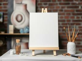 AI generated White canvas for mockup with blurred brick wall room interior photo