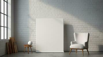 AI generated White canvas for mockup with blurred brick wall room interior photo