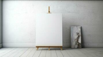 AI generated White canvas for mockup with blurred brick wall room interior photo