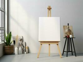 AI generated White canvas for mockup with blurred brick wall room interior photo