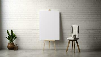 AI generated White canvas for mockup with blurred brick wall room interior photo