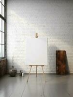 AI generated White canvas for mockup with blurred brick wall room interior photo