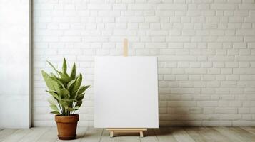 AI generated White canvas for mockup with blurred brick wall room interior photo