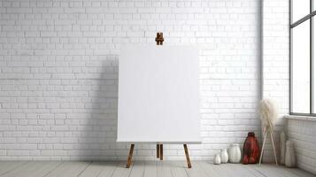 AI generated White canvas for mockup with blurred brick wall room interior photo