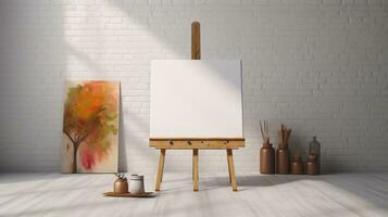 AI generated White canvas for mockup with blurred brick wall room interior photo