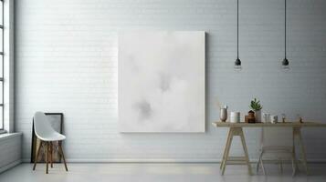 AI generated White canvas for mockup with blurred brick wall room interior photo