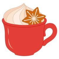 Cute festive red mug Hot chocolate with marshmallows and gingerbread. vector
