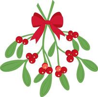 Branch of mistletoe with berries and red bow. A bouquet of Christmas. vector