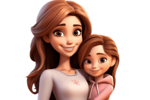 AI generated Adorable 3D Cartoon Mother and Kid Daughter Hug on a Transparent Background. AI png