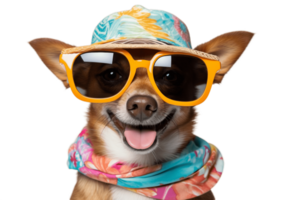 AI generated Happy Dog Wearing Summer Hat and Sunglasses Isolated on a Transparent Background. AI png