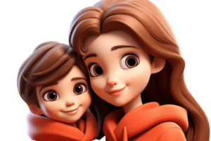 ai generato adorabile 3d cartone animato madre e ragazzo figlia abbraccio su un' trasparente sfondo. ai png
