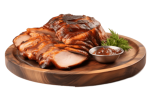 AI generated Smoked Turkey on a Wooden Plate Isolated on Transparent Background. AI png