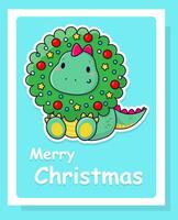 Cute cartoon dinosaur and Christmas wreath. Flat illustration. Vector postcard