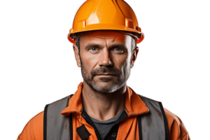 ai generado construcción trabajador hombre con casco mirando a cámara en transparente antecedentes. ai png