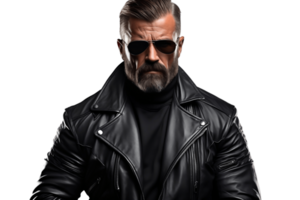 ai generiert knallhart Türsteher mit Leder Jacke und Sonnenbrille auf transparent Hintergrund. ai png