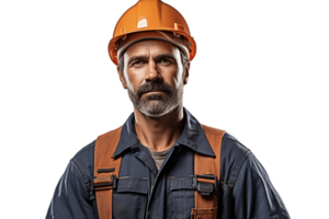 ai généré construction ouvrier homme avec casque à la recherche à caméra sur transparent Contexte. ai png