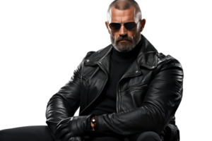 ai generiert knallhart Türsteher mit Leder Jacke und Sonnenbrille auf transparent Hintergrund. ai png