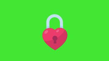 de hjärta låsa gungor. de nyckel till kärlek olåst på hjärtans dag. 2d animering på grön skärm. video